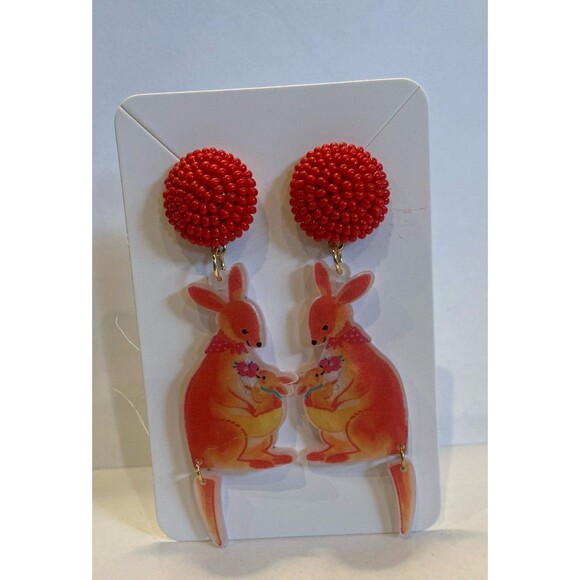 Earrings Kangaroo & Joey Stud Orange Moving Tail Whimsical Statement Unique - Picture 2 of 7